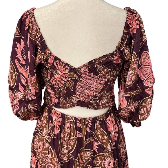 NWT Omika Brown Balloon Sleeve Ruched Upper High Waist Blair Midi Dress Sz Small - Picture 8 of 13